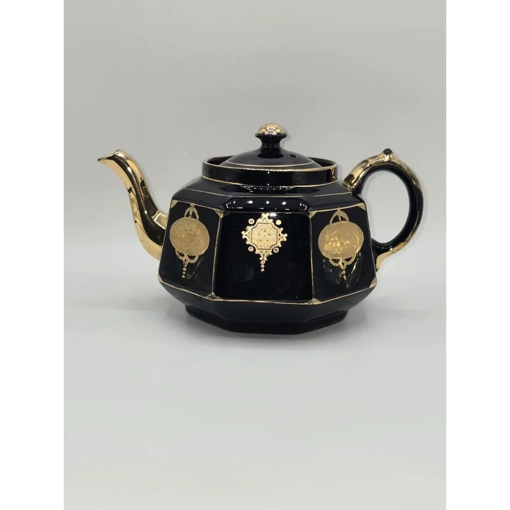 Gibson & Sons Black Celt Teapot Gold Transferware Burslem England Octagonal